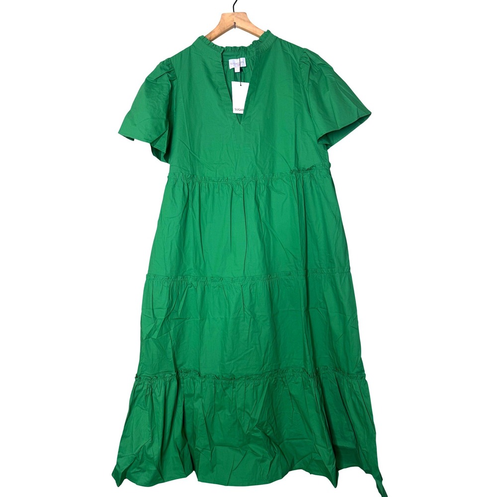 Sugarlips Green Cotton Tiered Maxi Dress Ruffle Neck Flutter Sleeve STD13556 M